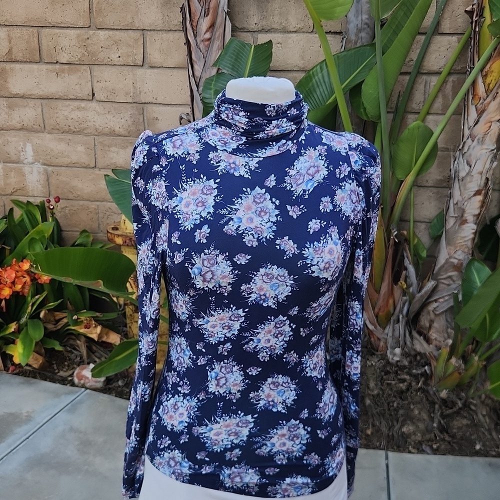 LoveShackFancy Vienna Floral Turtleneck Top Long Sleeve Blue Small